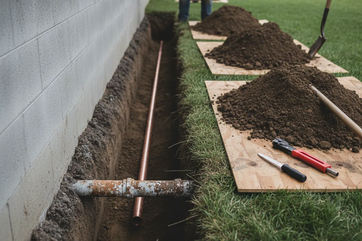 Excavated water line trench during Water Heater Repair in Florence
